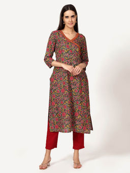 Saffron Threads - Green Floral Print Angrakha Kurta with Neck Embroidery