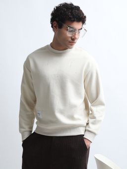 SHOWOFF - Men Cream Round Neck Solid Regular Fit Sweatshirt