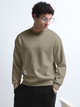SHOWOFF - Men Olive Round Neck Solid Regular Fit Sweatshirt