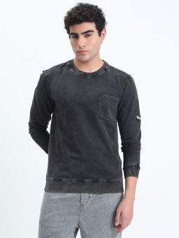 SHOWOFF - Men Black Round Neck Solid Regular Fit Sweatshirt
