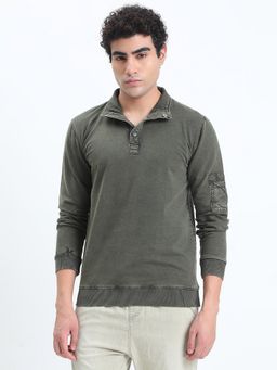 SHOWOFFFF - Men Olive Collar Neck Solid Regular Fit Sweatshirt