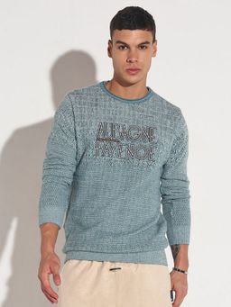 SHOWOFF - Men Blue Crew Neck Typography Slim Fit Sweater
