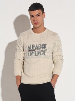 SHOWOFF - Men Cream Crew Neck Typography Slim Fit Sweater