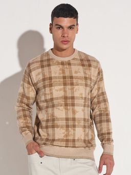 SHOWOFF - Men Beige Crew Neck Checks Slim Fit Sweater