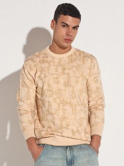 SHOWOFF - Men Beige Crew Neck Abstract Slim Fit Sweater