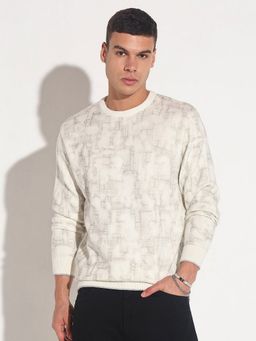 SHOWOFF - Men Cream Crew Neck Abstract Slim Fit Sweater