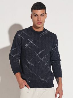 SHOWOFF - Men Navy Blue Crew Neck Abstract Slim Fit Sweater