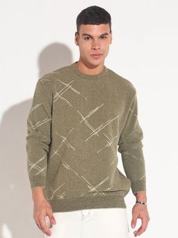 SHOWOFF - Men Olive Crew Neck Abstract Slim Fit Sweater