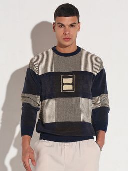 SHOWOFF - Men Navy Blue Crew Neck Stripes Slim Fit Sweater