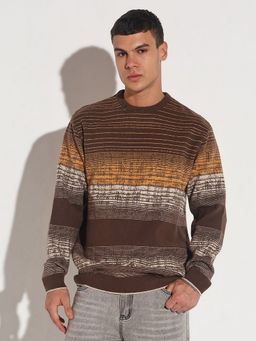 SHOWOFF - Men Brown Crew Neck Stripes Slim Fit Sweater
