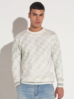 SHOWOFF - Men White Crew Neck Abstract Slim Fit Sweater