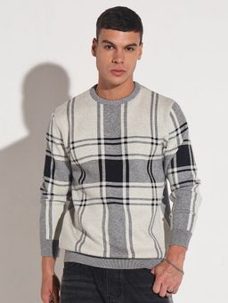 SHOWOFF - Men Grey Crew Neck Checks Slim Fit Sweater