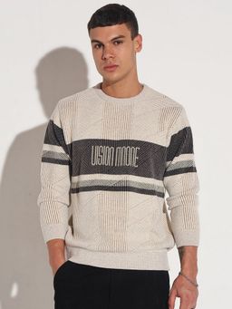 SHOWOFF - Men Cream Crew Neck Typography Regular Fit Sweater