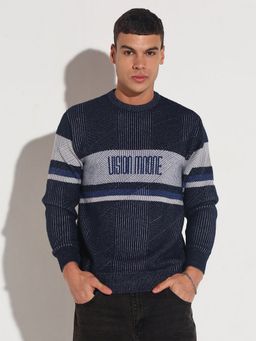 SHOWOFF - Men Navy Blue Crew Neck Typography Regular Fit Sweater