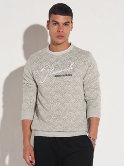 SHOWOFF - Men Beige Crew Neck Typography Regular Fit Sweater