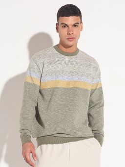 SHOWOFF - Men Green Crew Neck Stripes Regular Fit Sweater