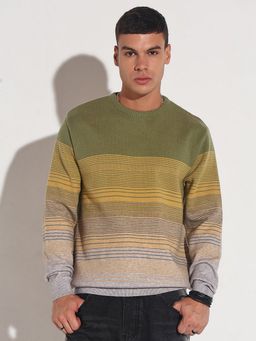 SHOWOFF - Men Multi-Color Crew Neck Stripes Regular Fit Sweater