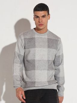 SHOWOFF - Men Grey Crew Neck Checks Regular Fit Sweater
