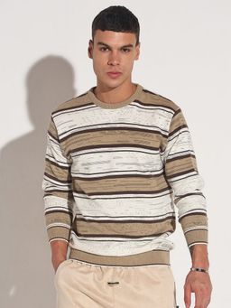 SHOWOFF - Men Brown Crew Neck Stripes Regular Fit Sweater