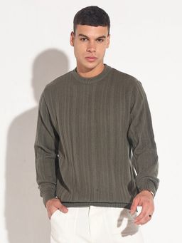 SHOWOFF - Men Olive Crew Neck Stripes Regular Fit Sweater