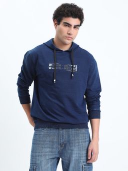 SHOWOFF - Men Navy Blue Hooded Typography Regular Fit Hoodie