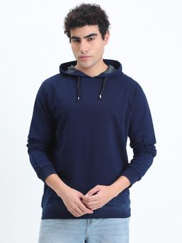 SHOWOFF - Men Navy Blue Hooded Solid Regular Fit Hoodie