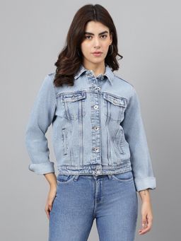 Xpose - Women Blue Denim Spread Collar Jacket
