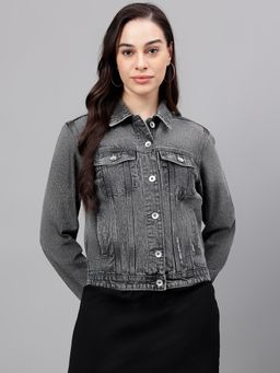 Xpose - Women Grey Denim Spread Collar Jacket