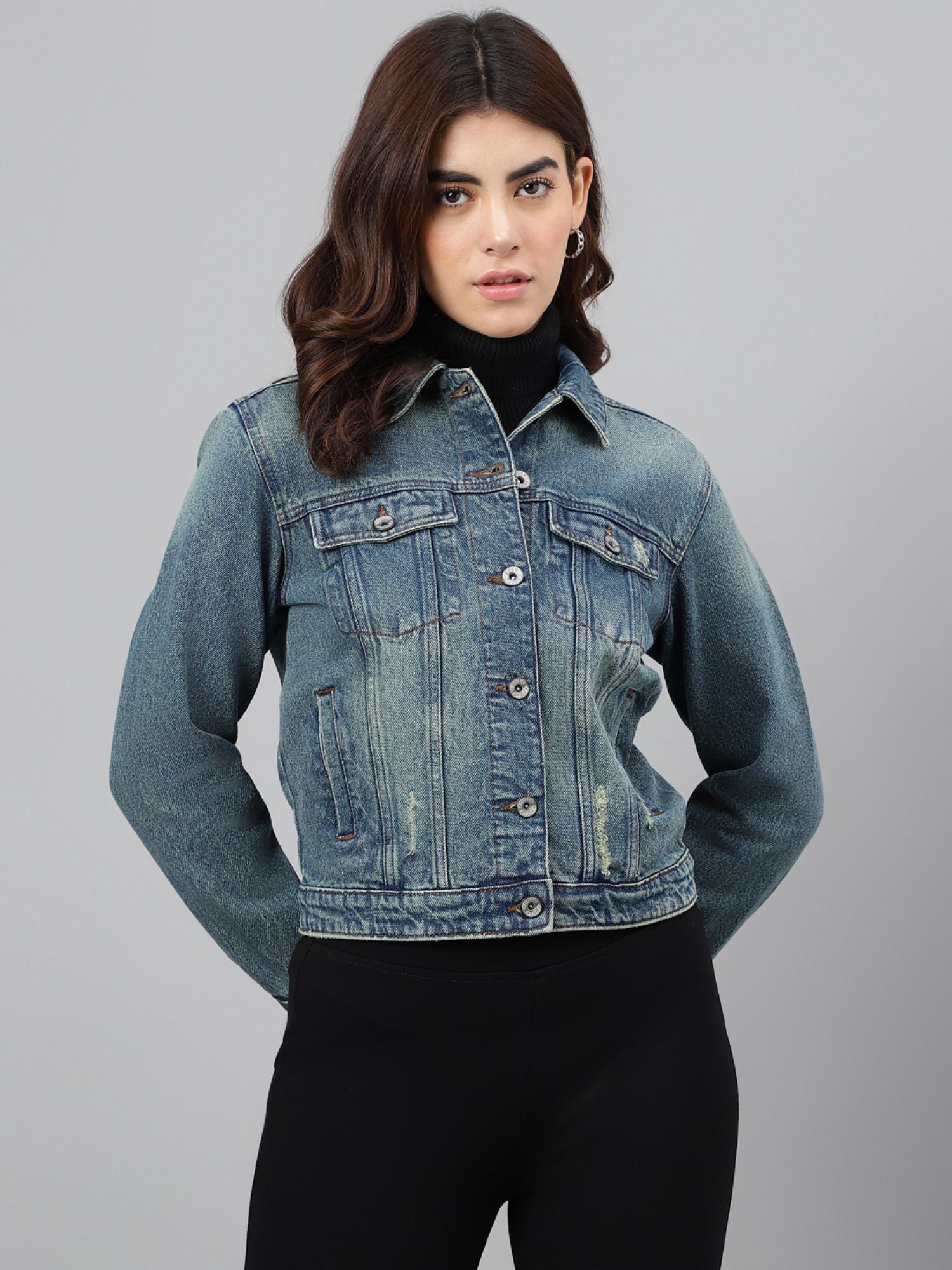 Women Tinted Blue Denim Spread Collar Jacket-image-4