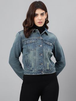 Xpose - Women Tinted Blue Denim Spread Collar Jacket