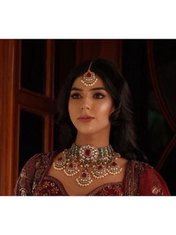 AMAARA JEWELS - Crimson Rouge Red Necklace Maangtikka with Bracelet and Ring