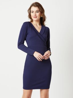 Miss Chase - Women's Navy Blue V-neck Full Sleeve Solid Knitted Bodycon MIni Dress