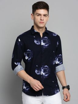 SHOWOFFFF - Mens Spread Collar Navy Blue Printed Shirt
