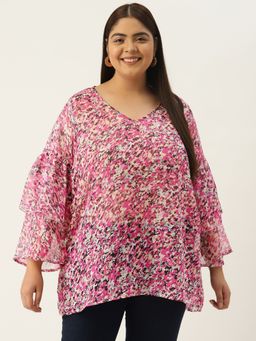 theRebelinme - Plus Size Pink Floral Printed Bell Sleeves Georgette Longline Top