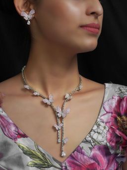 Niscka - Baby Pink Butterfly American Diamond Necklace (Set of 2)