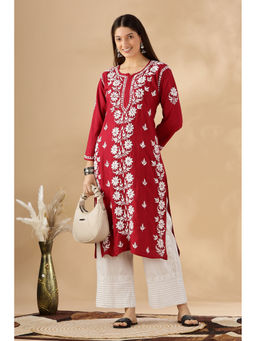 CLUB LOOM - Women Chikankari Cotton Embroidered Maroon Kurta