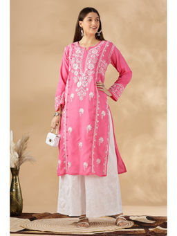 CLUB LOOM - Womens Chikankari Embroidered Cotton Pink Kurta