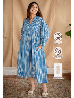 The Indian Ethnic Co. - Blue Batik Natural Dyed Handblock Printed Mulmul Cotton Dress