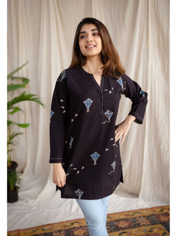 The Indian Ethnic Co. - Black Loose Ajrakh Cotton Embroidered Kurti
