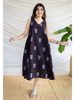 The Indian Ethnic Co. - Black A-Line Ajrakh Handblock Printed Cotton Dress