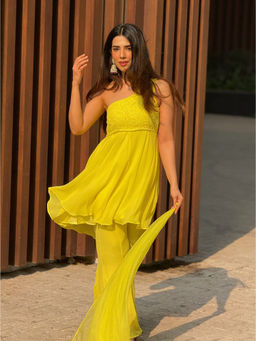 Label Aishwaryrika - Stella Chikankari Yellow Kurti with Sharara and Dupatta (Set of 3)