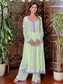 Label Aishwaryrika - Citrina Green Bloom Chikankari Kurta with Palazzo and Dupatta (Set of 3)