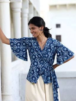 Okhai - Starry Eyes Hand-Embroidered Pure Cotton Blue Wrap Top