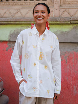 Okhai - Tutti Frutti Rabari Embroidery Pure Cotton White Anti-Fit Shirt