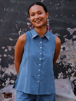 Okhai - Watermelon Whimsy Embroidered Blue Cotton Collared Shirt