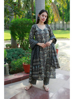 DIMPLE DESIGN STUDIO - Dusty Olive Cotton Kurta with Pant and Dupatta (Set of 2)