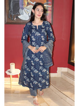 DIMPLE DESIGN STUDIO - Smoke Navy Blue Cotton Kurta with Pant and Dupatta (Set of 2)
