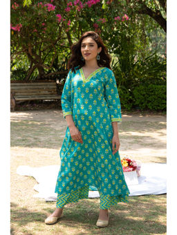 DIMPLE DESIGN STUDIO - Firozi Green A-Line Kurta with Palazzo (Set of 2)