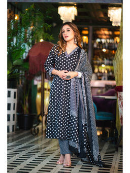 DIMPLE DESIGN STUDIO - Black Polka Straight Kurta with Pant and Dupatta (Set of 2)