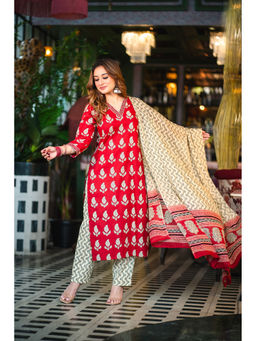 DIMPLE DESIGN STUDIO - Roza Red Straight Kurta with Pant and Dupatta (Set of 2)